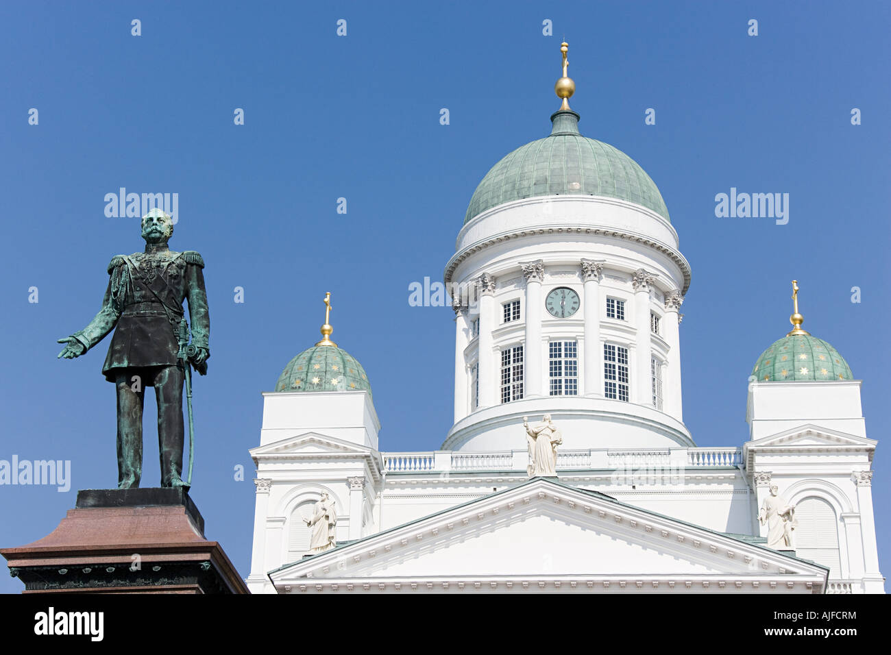 Helsinki cathedral and czar alexander ii statue Stock Photo