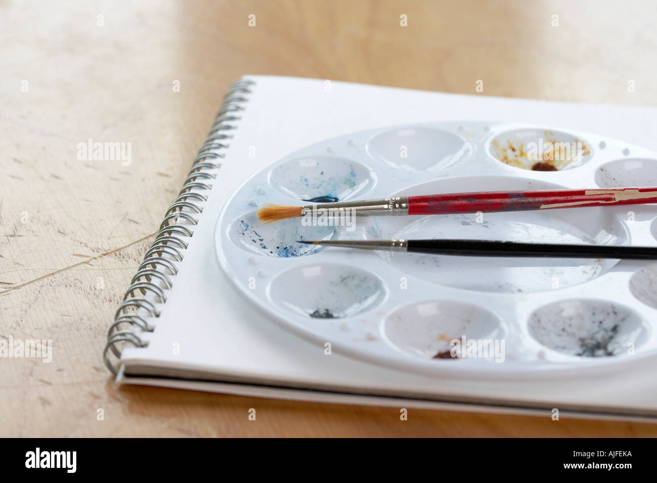 Brushes and palette on sketchbook Stock Photo Alamy