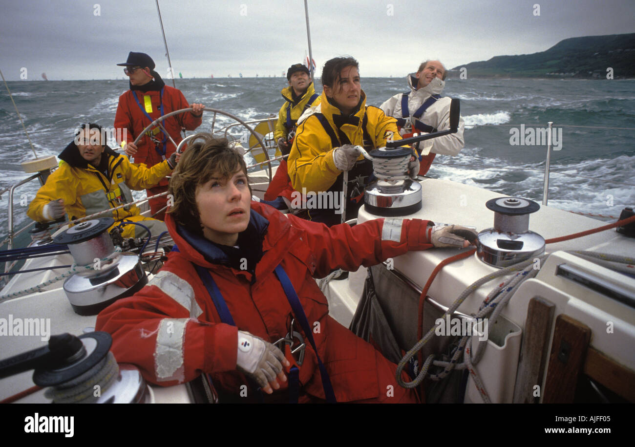 Yachting UK. Yacht crew sailing racing yachts in the Around the Island Race the Isle of Wight Hampshire  England 1980s HOMER SYKES Stock Photo