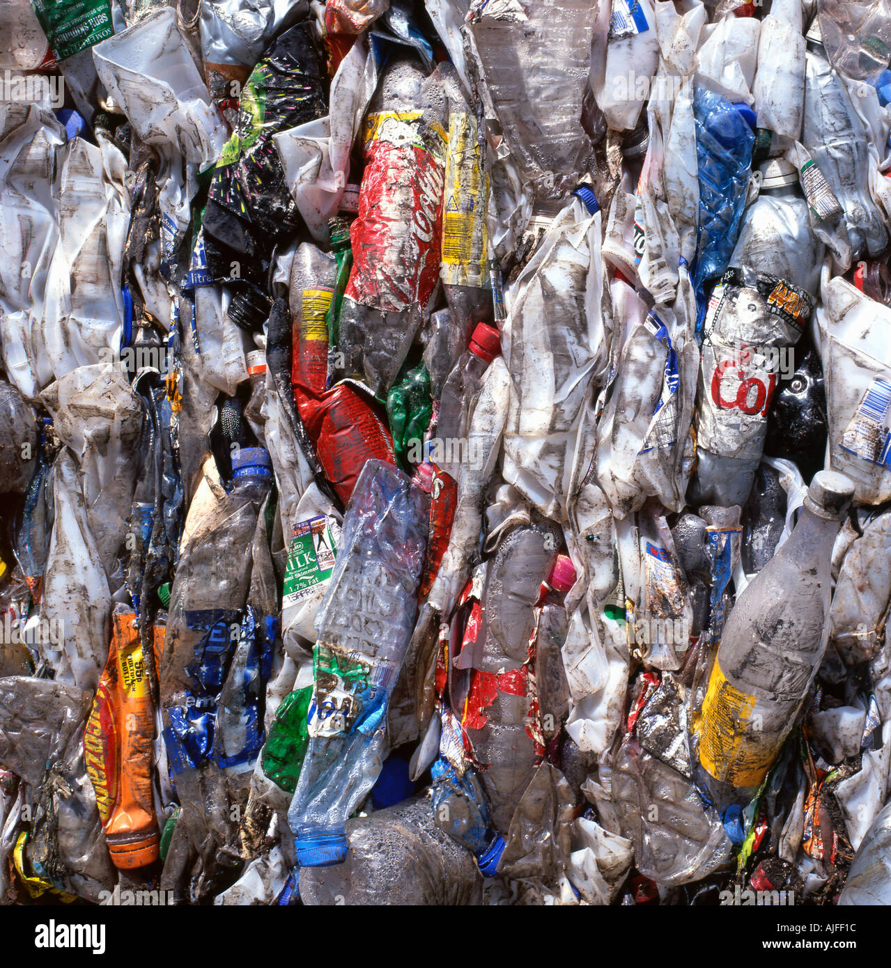Recycled plastic bottles and bags at a recycling centre in Lampeter