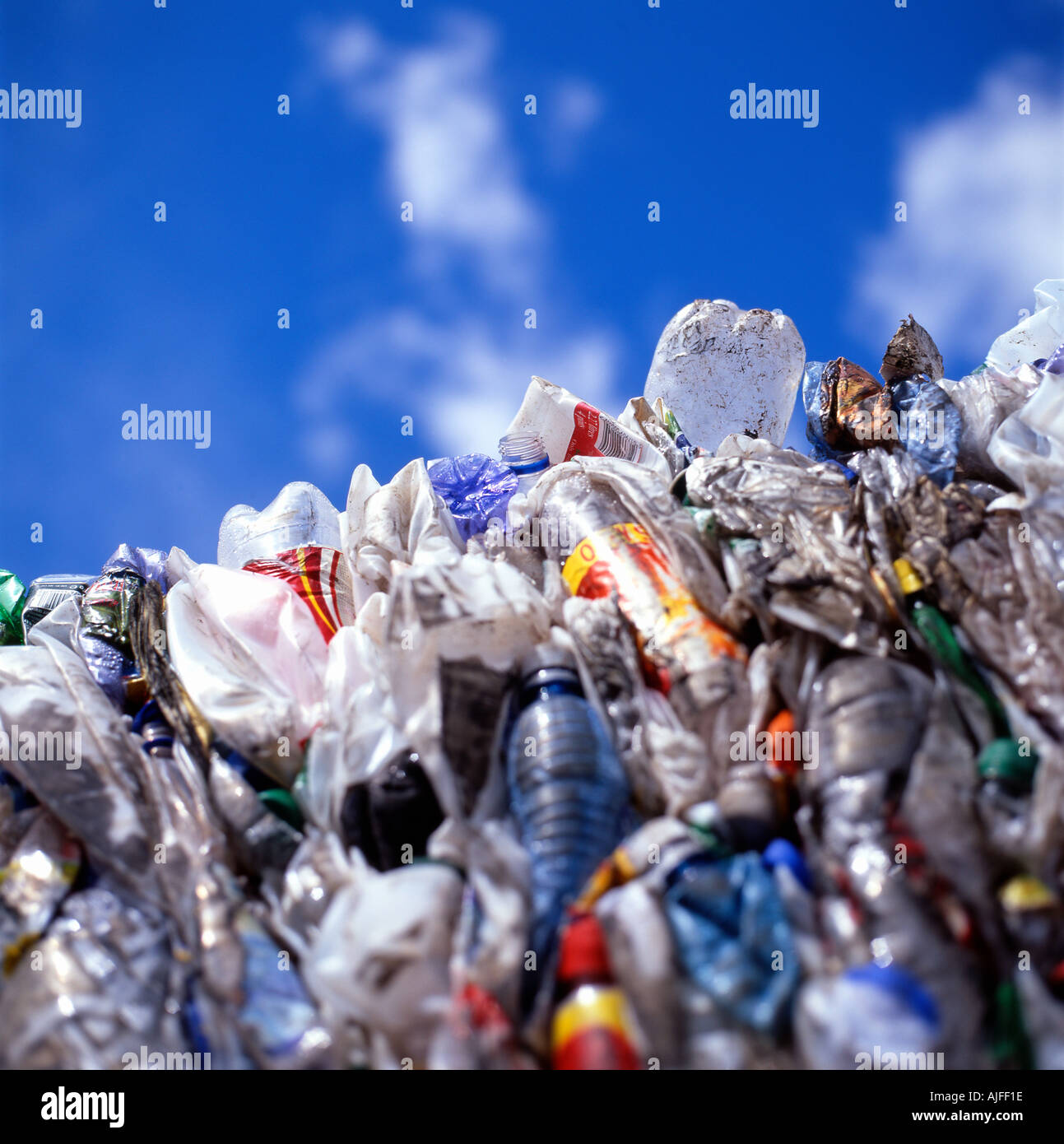 Plastic bottles and carrier bags being recycled at a recycling center