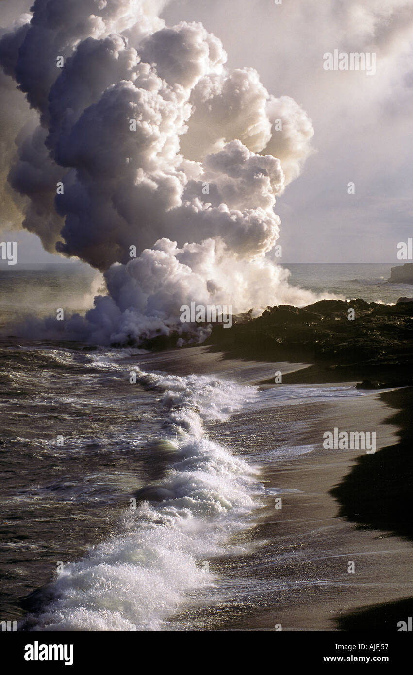 Island Building Kilauea Lava Flowing into the Pacific The Big Island of Hawaii Stock Photo