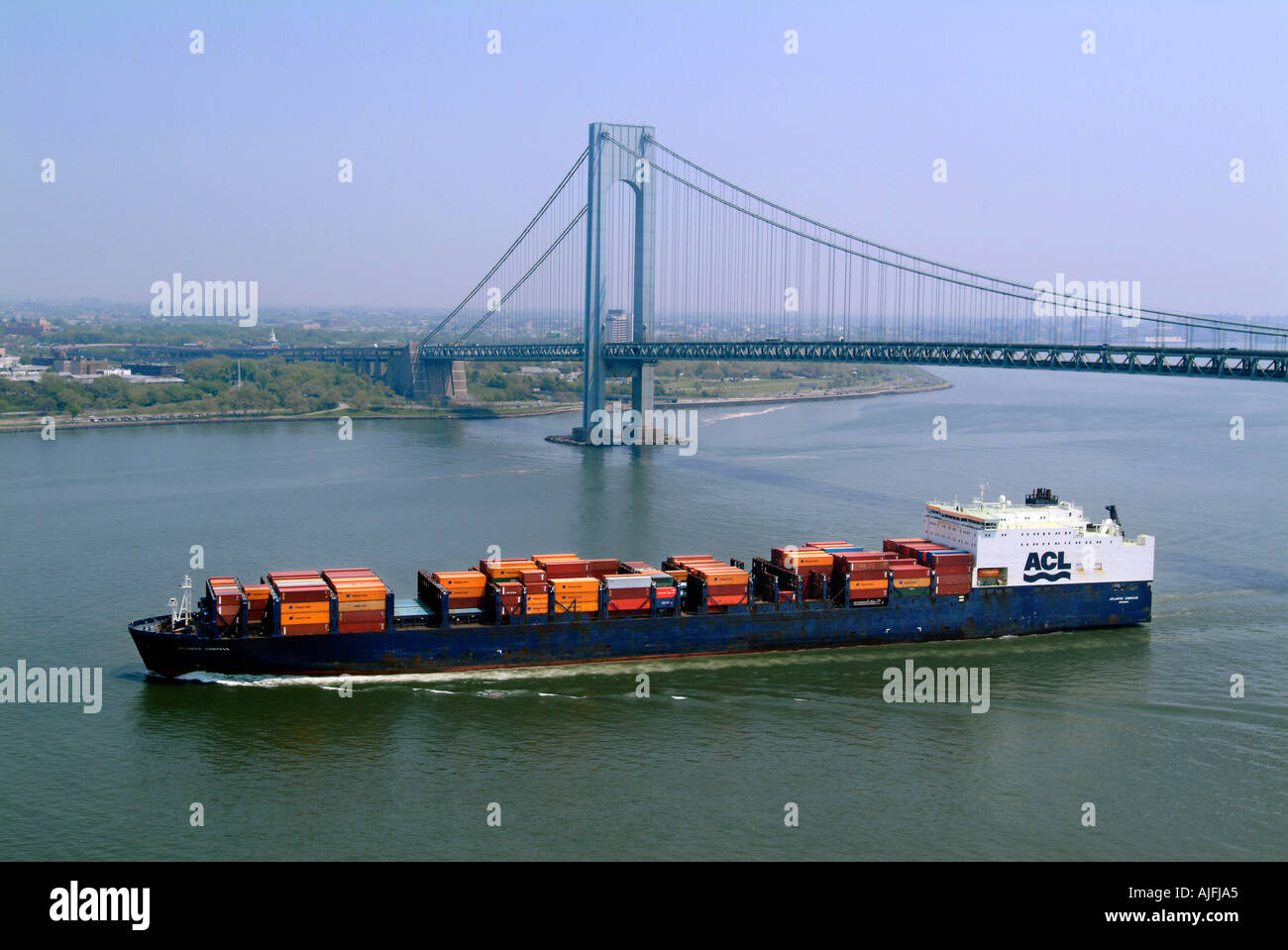 Container Ship Verranzzano Bridge Entering Upper New York Bay Stock Photo