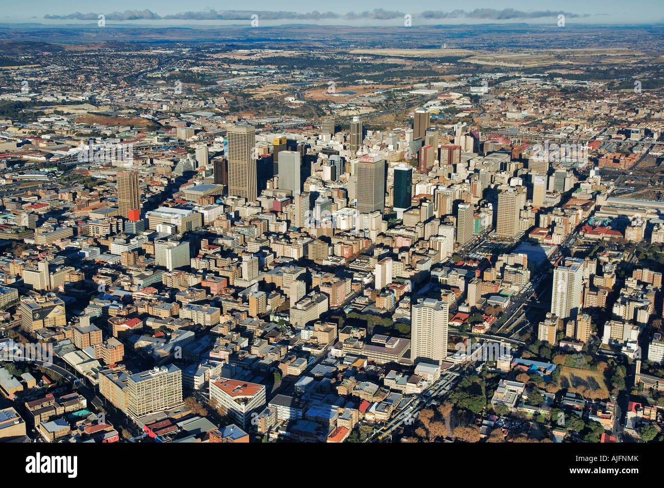 Extensive Johannesburg city centre aerial showing all the highrise buildings Gauteng Province South Africa Stock Photo