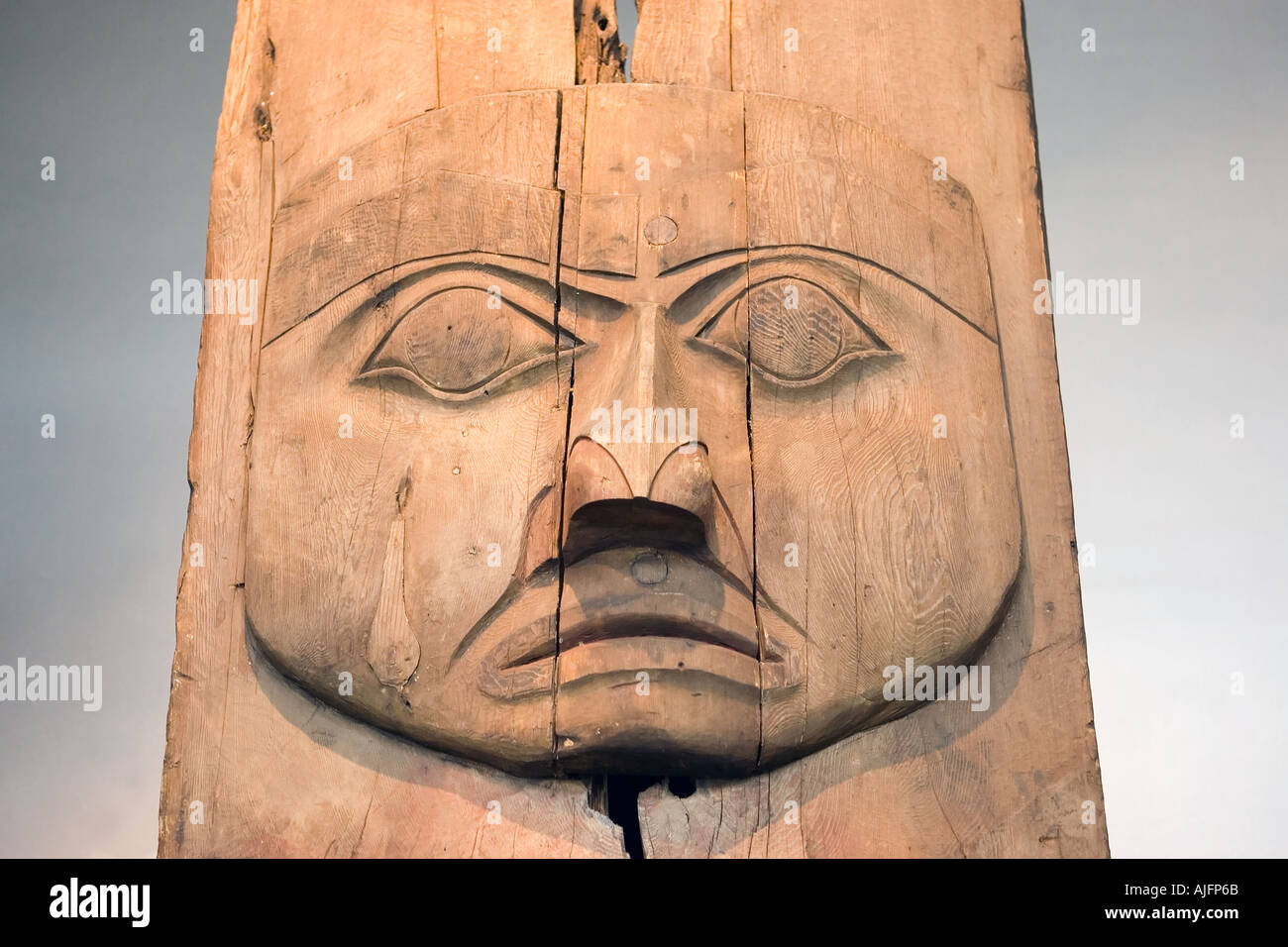 Native American totem pole on display in a building of the Southeast ...