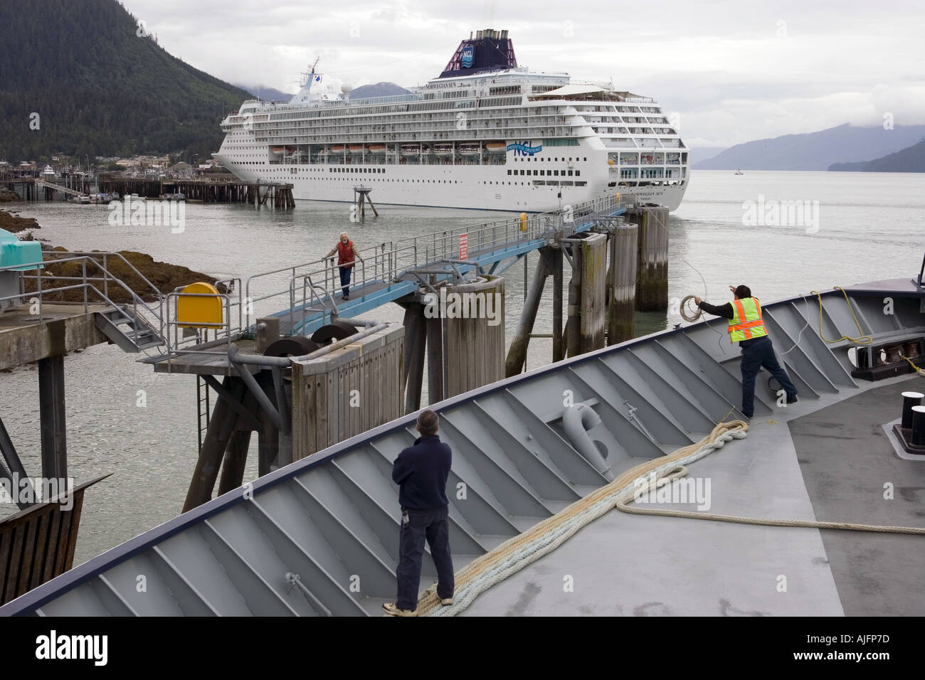 A ship from the Alaska Marine Highway Ferry System arrives in Wrangell in the Inside Passage between Sitka and Prince Ruppert Stock Photo