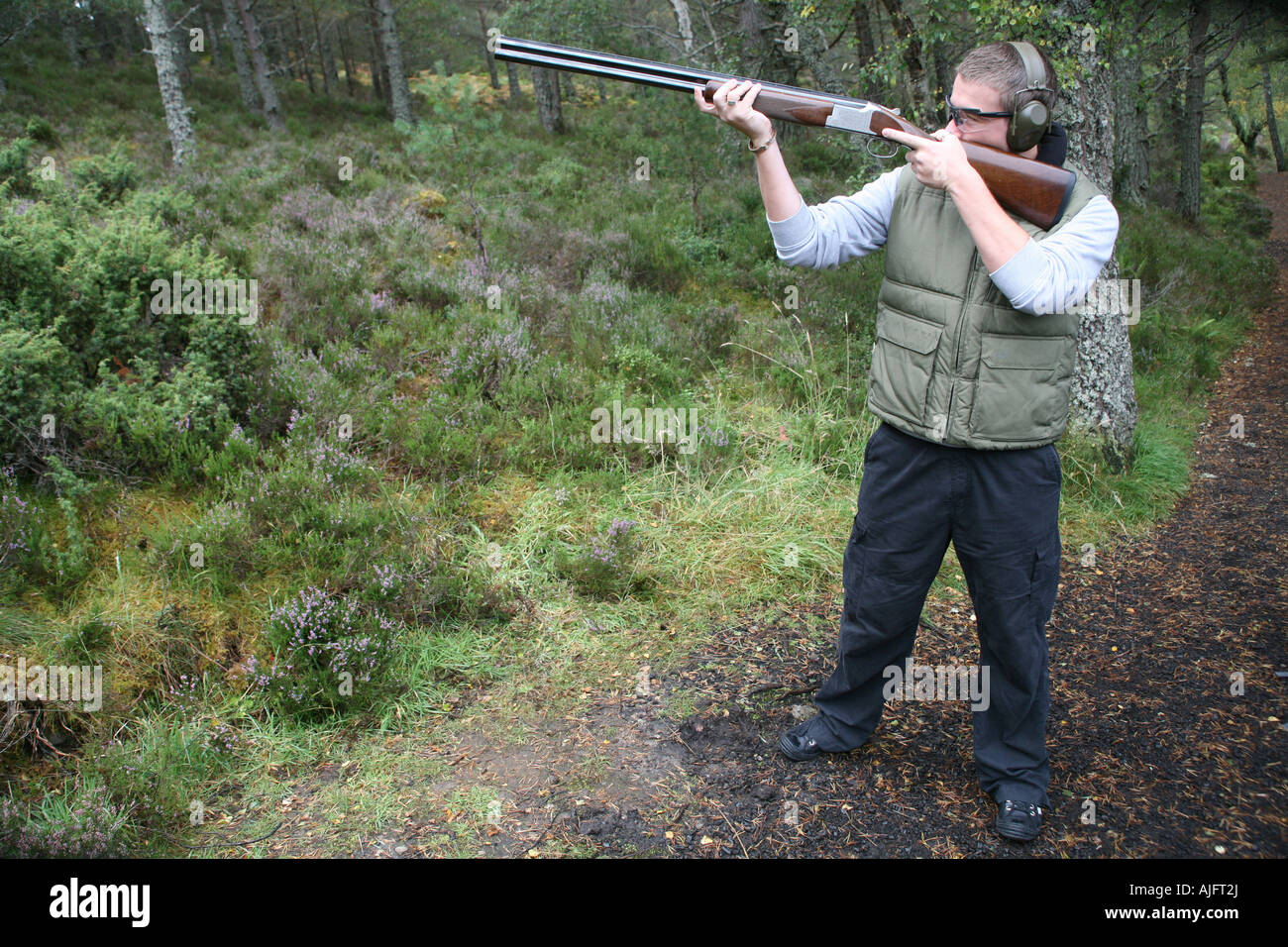 Man clay pigeon shooting, Rothiemurchus Estate, Scotland Stock Photo