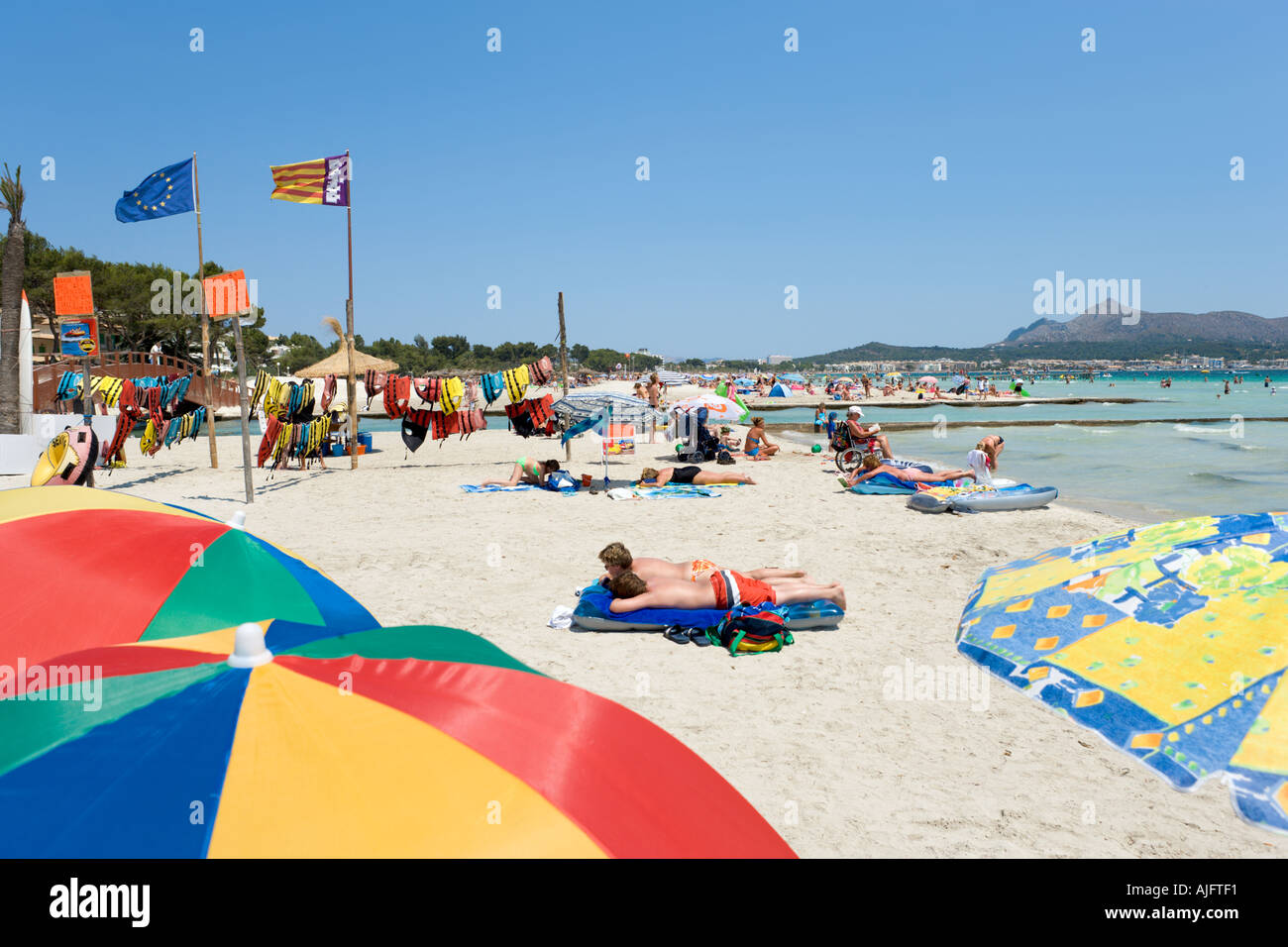 Beach, Puerto de Alcudia, North Coast, Mallorca, Spain Stock Photo