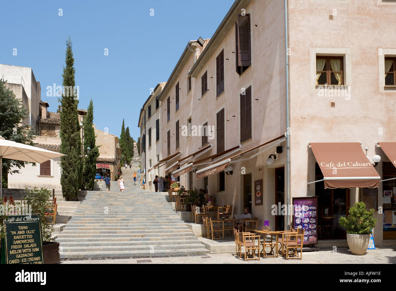Via Crucis (Way of the Cross),  El Calvar in the old town of Pollensa (Pollenca), Mallorca, Spain Stock Photo