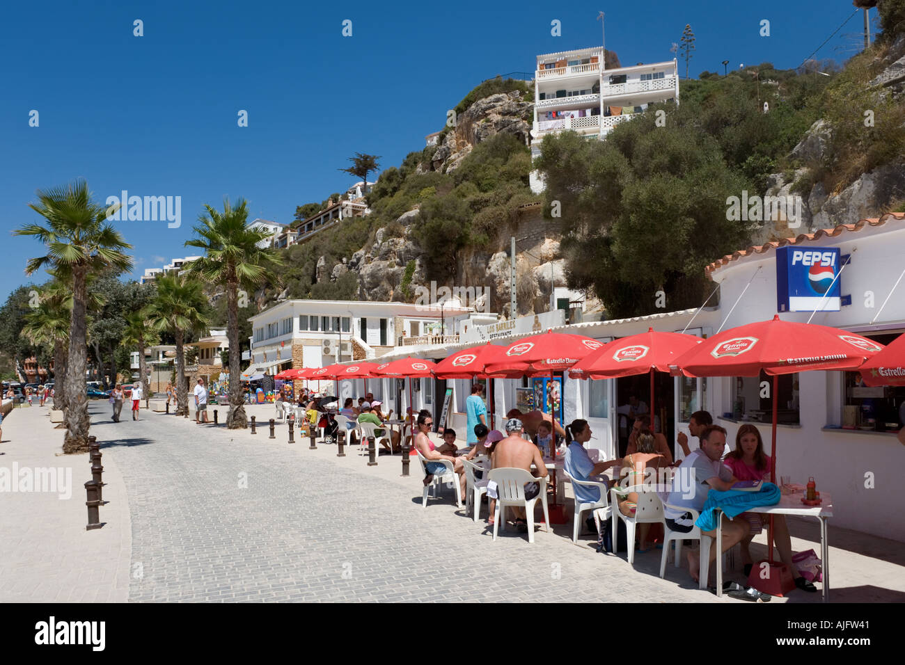 Beachfront cafe bar in Cala'n Porter, Menorca, Spain Stock Photo
