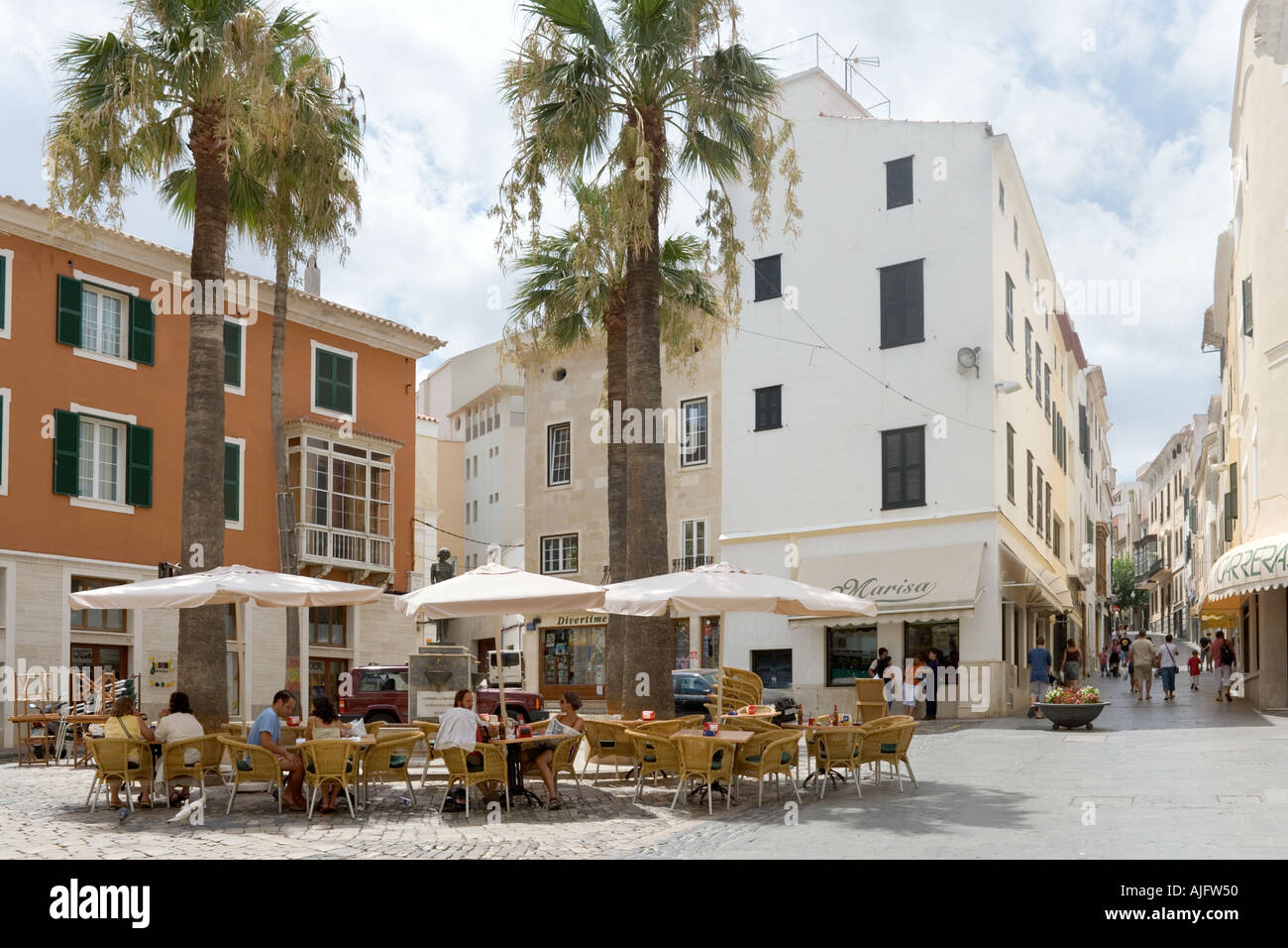 Sidewalk cafe in the old town, Mahon, Menorca, Balearic Islands, Spain Stock Photo