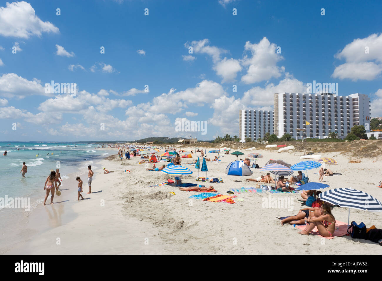 Beach at Son Bou with the Hotel Milanos Pinguinos behind, Menorca, Balearic Islands, Spain Stock Photo