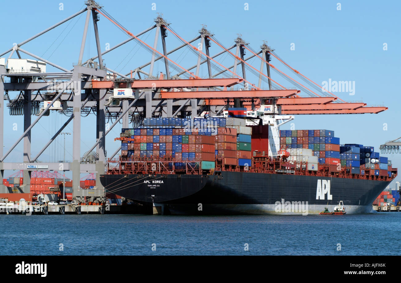 APL Korea Container Ship and Cranes Port of Los Angeles California USA Stock Photo