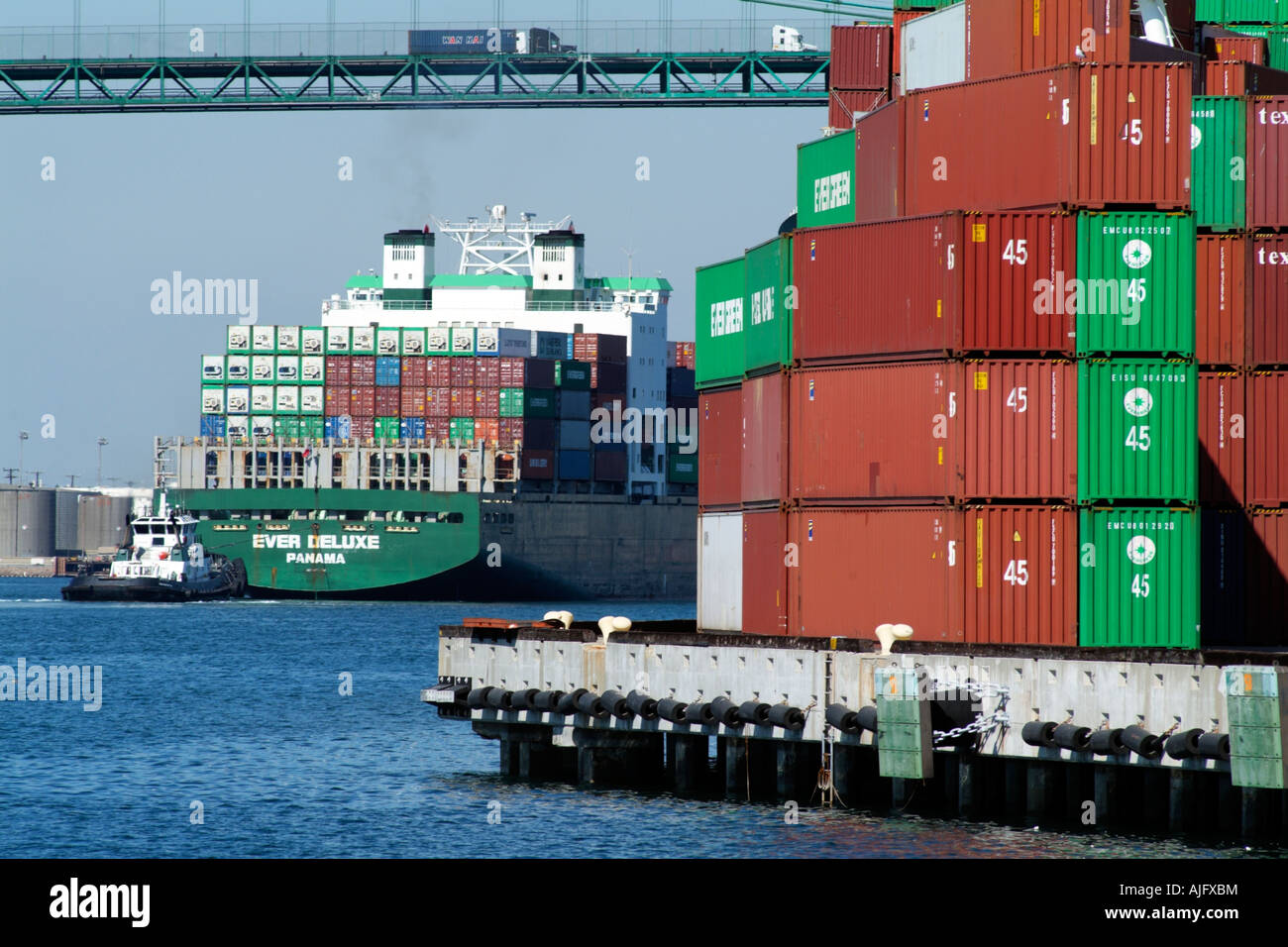 Evergreen Container Terminal Port of Los Angeles California USA Alongside loading is the Ever Deluxe container ship Stock Photo