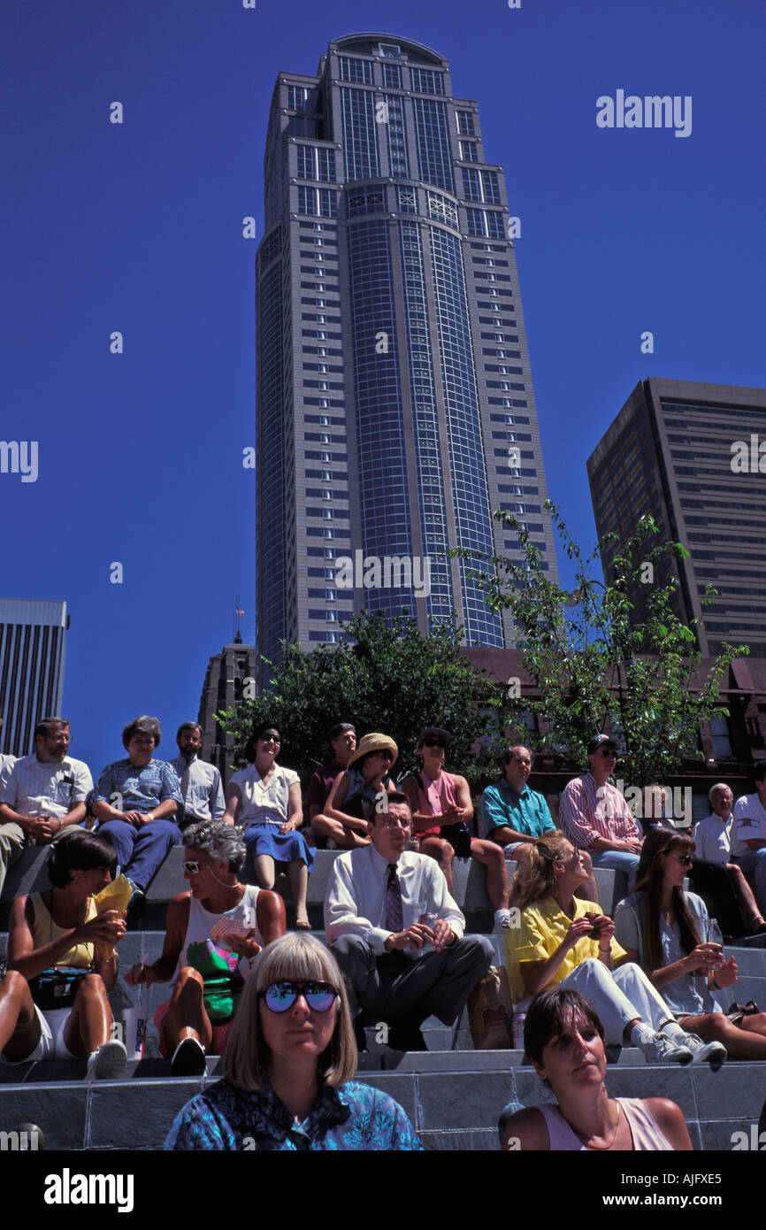 Lunchtime Crowd Enjoys Summertime Out To Lunch Concert Harbor Steps Washington Mutual Bank Building Seattle Washington Stock Photo