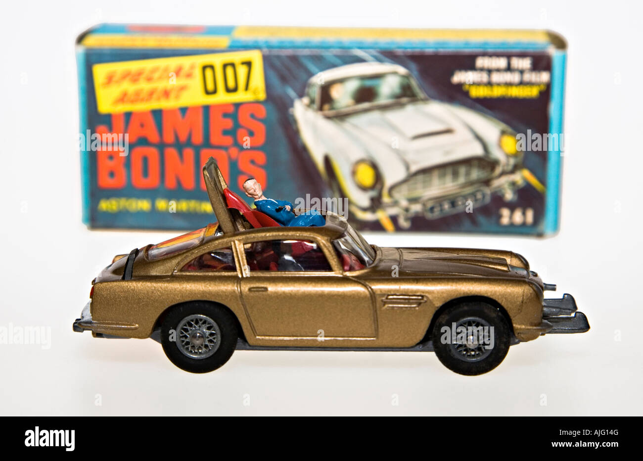 Corgi model car James Bond 007 Aston Martin DB5 with original box packaging and overriders and opening roof and ejector seat Stock Photo