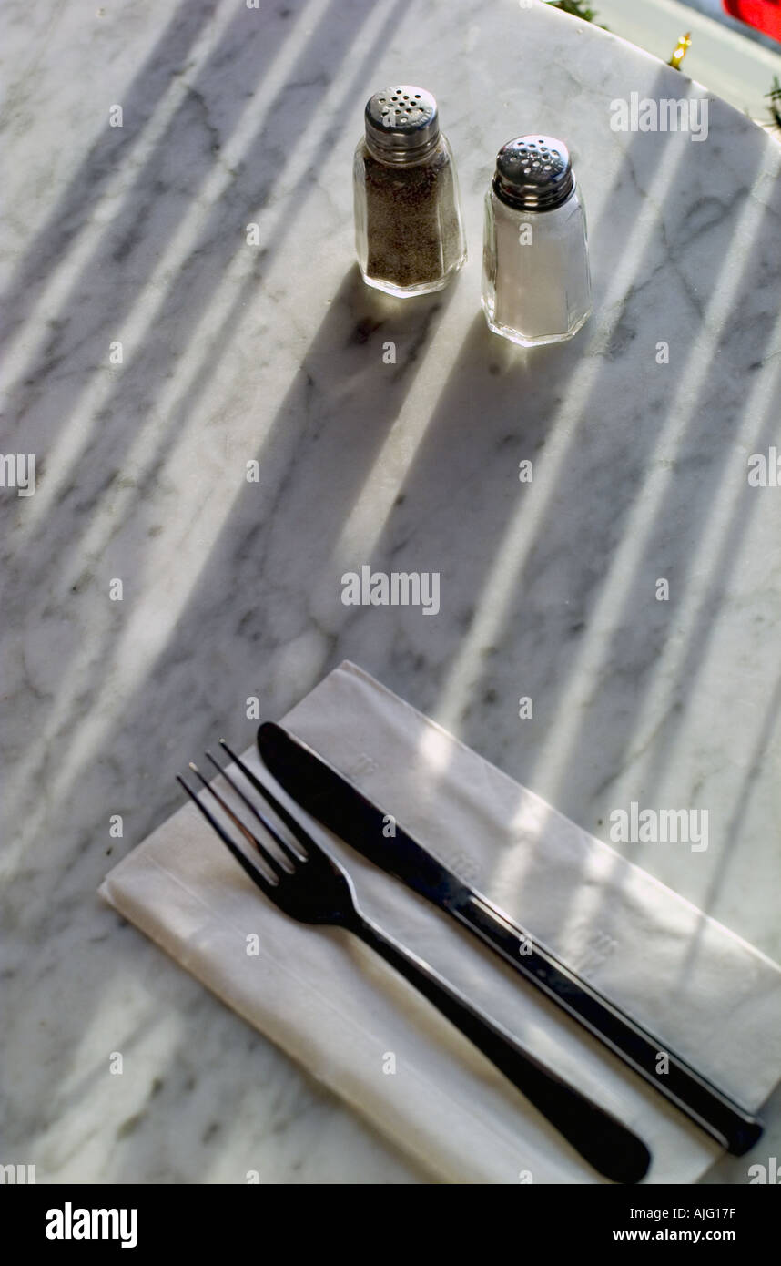 Restaurant table setting Still life with utensils salt pepper in ... Restaurant table setting Still life with utensils salt pepper in ...