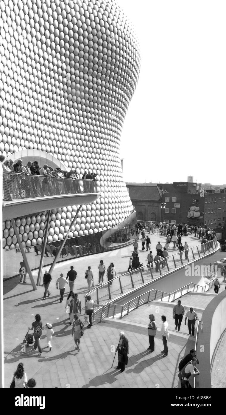 Selfridges Store and the walkway  to The Bull Ring  and St. Martins Church, Digbeth, Birmingham City Centre, UK. B&W image. Stock Photo