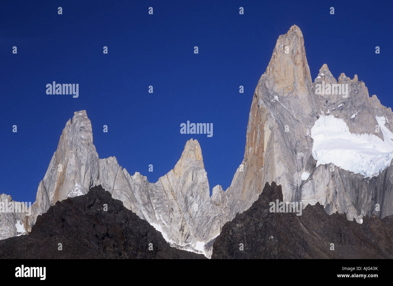 L to R: Saint Exupery (2558m), Rafael (2482m), and Poincenot (3002m) needles, Mt Fitzroy range, Patagonia, Argentina Stock Photo