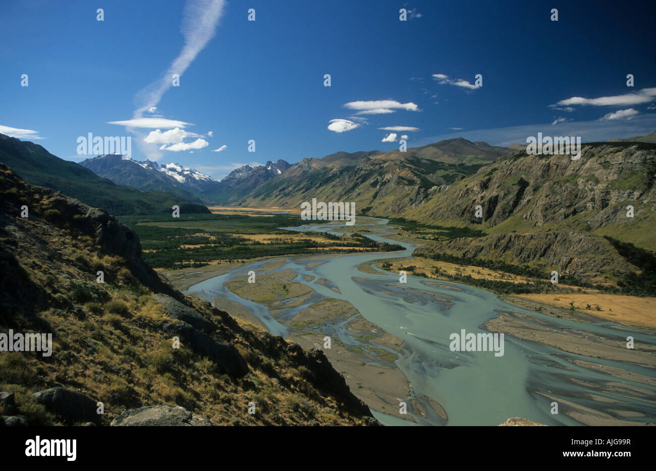 View of channels of braided river and alluvial deposits, Rio de las Vueltas valley, El Chalten, Los Glaciares National Park, Patagonia,  Arg Stock Photo