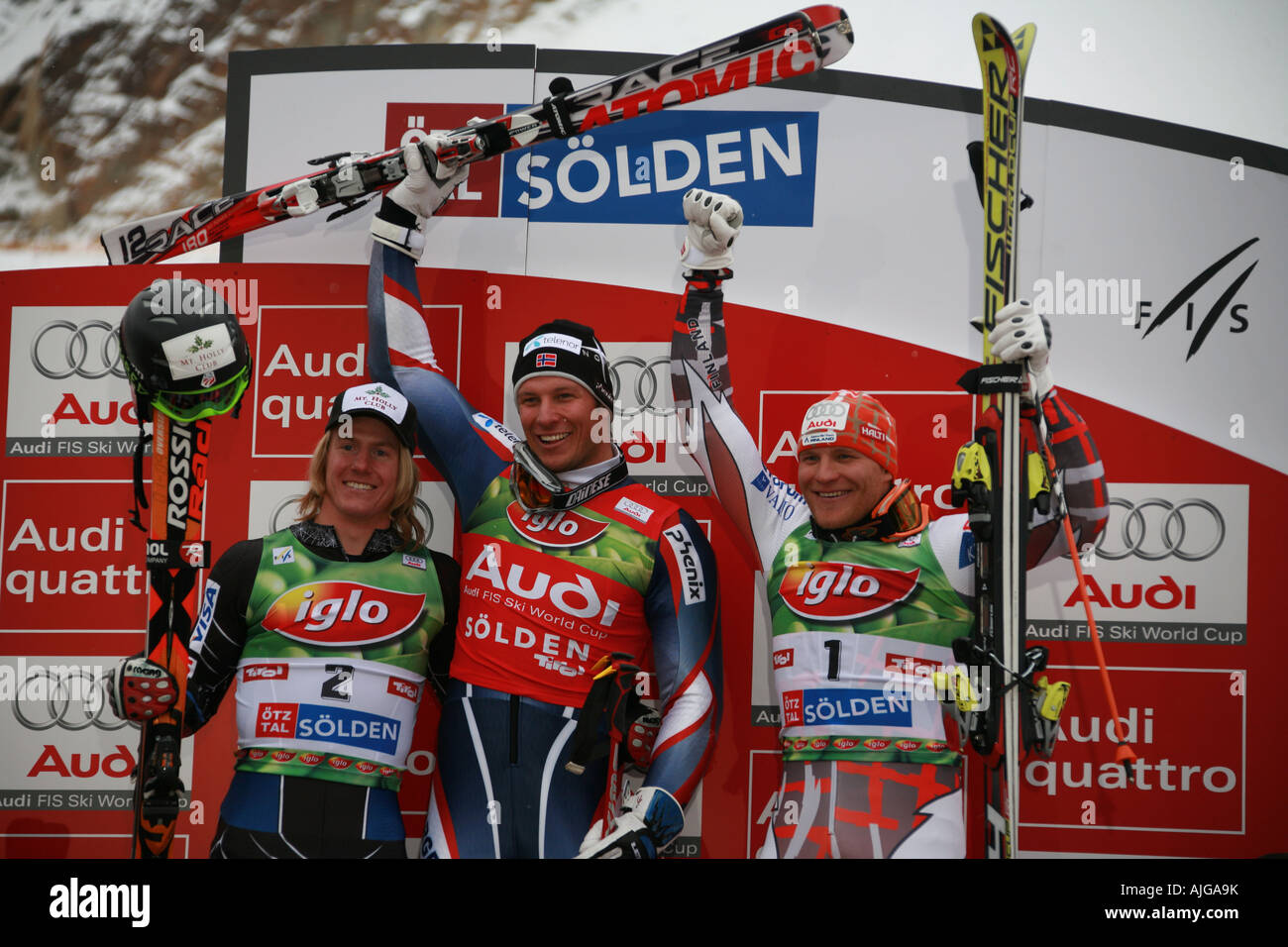 Winners Podium Skiing world cup Giant Slalom Solden Austria October 2007 Ted Ligety Axel Lund Svindal Kalle Palander Stock Photo