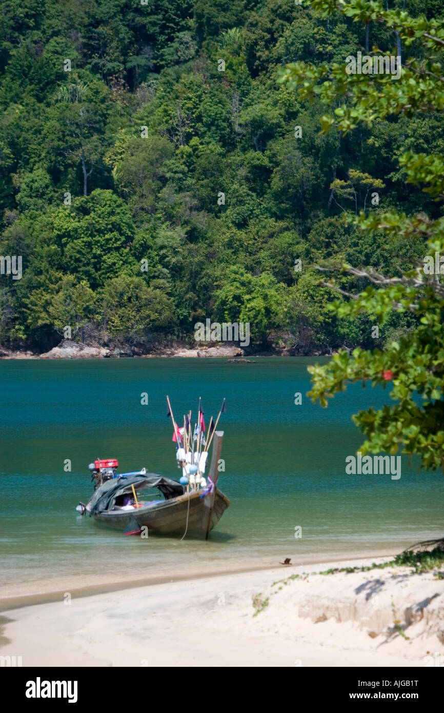 Traditional longtail boat with markers and floats Ko Phayyam island
