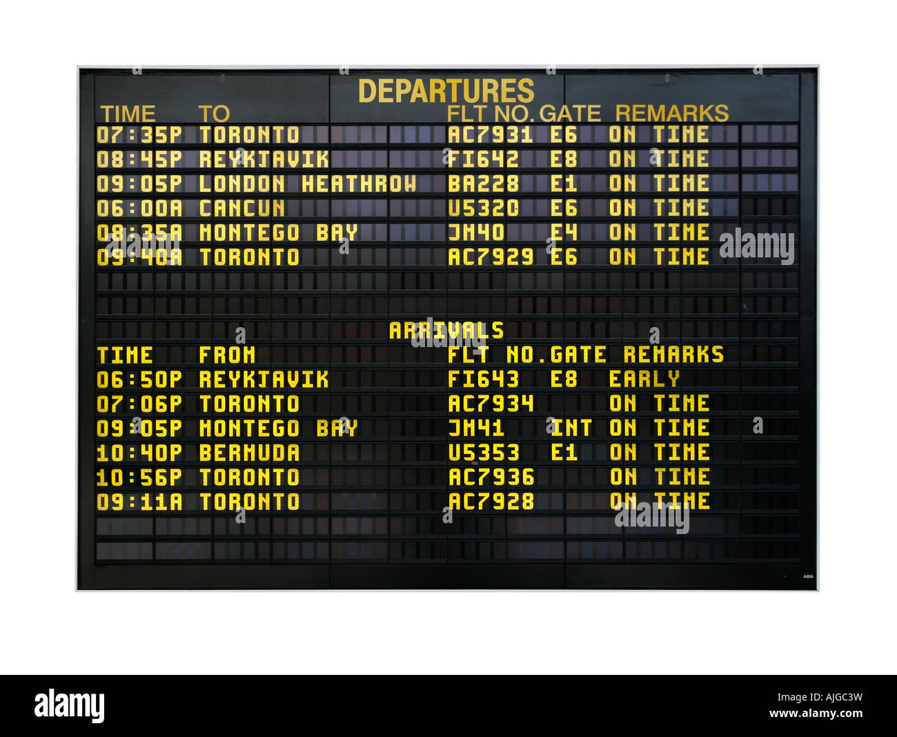 Airport board showing departures and arrivals to various cities isolated on white Stock Photo