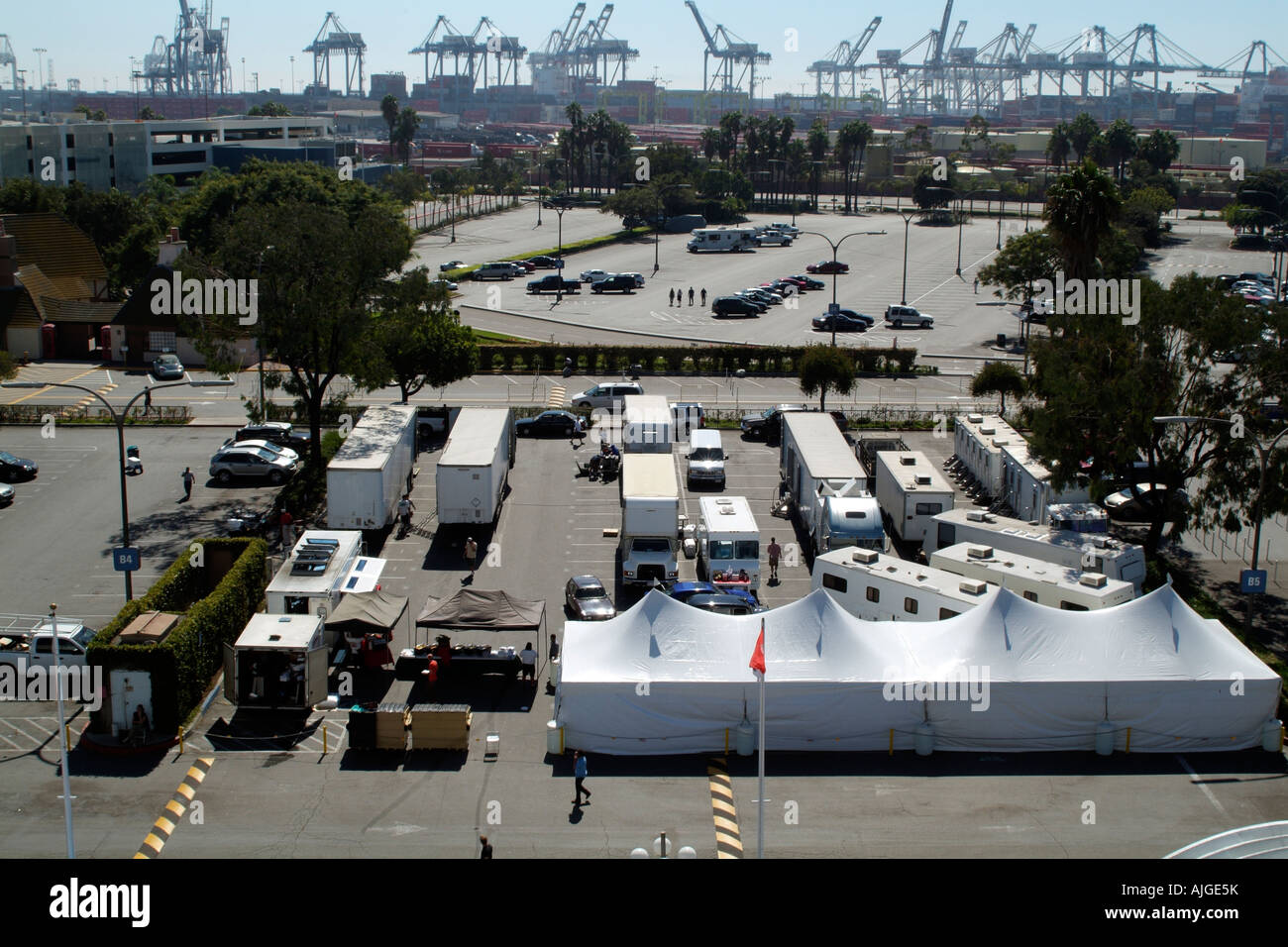 A Overview of a Film Set Support Crew and Trailers on Location Stock Photo