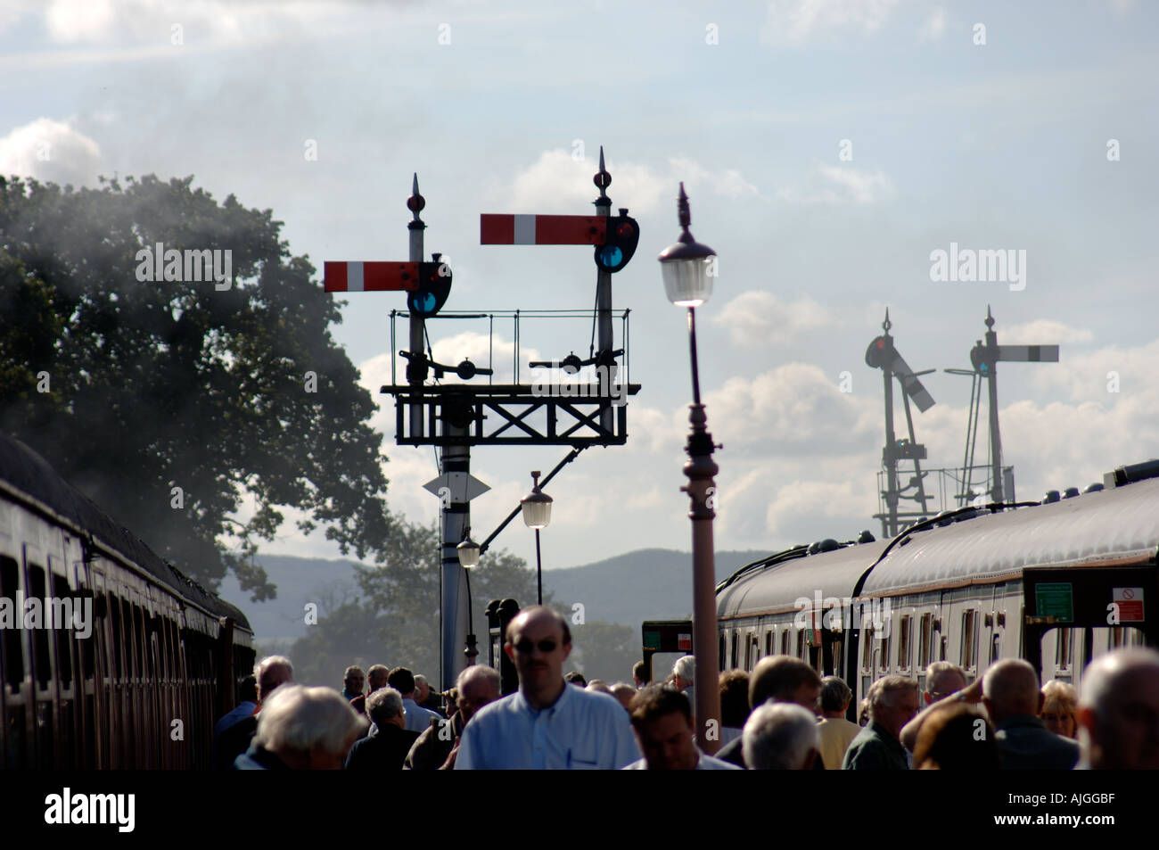 Semaphore signals at Minehead station on the west somerset railway Stock Photo
