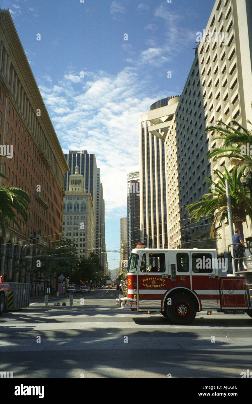 Fire truck across the the bottom of Market Street in San Francisco, California, USA. Stock Photo