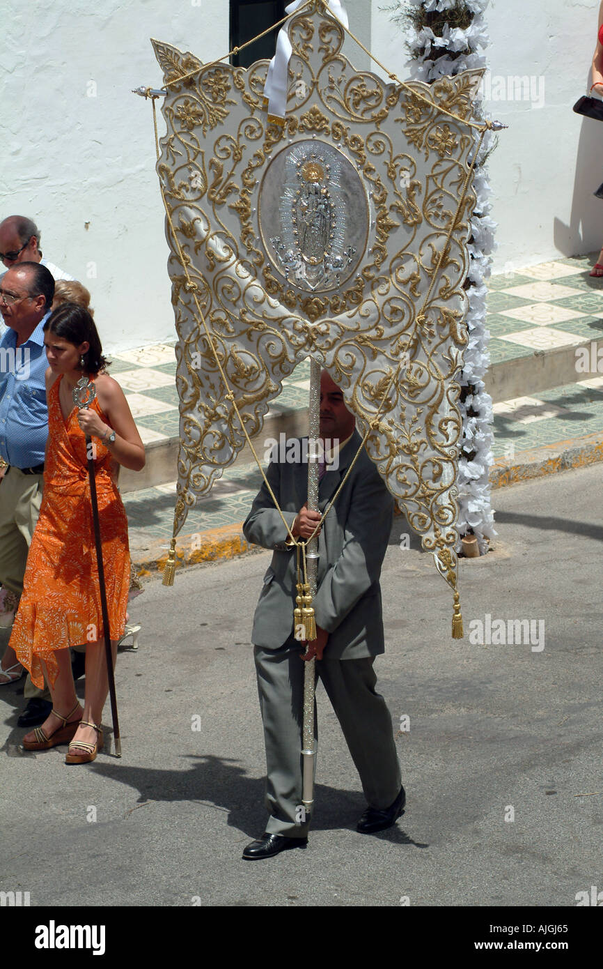 Man bearing virgin banner Corpus Christi festival Stock Photo Alamy