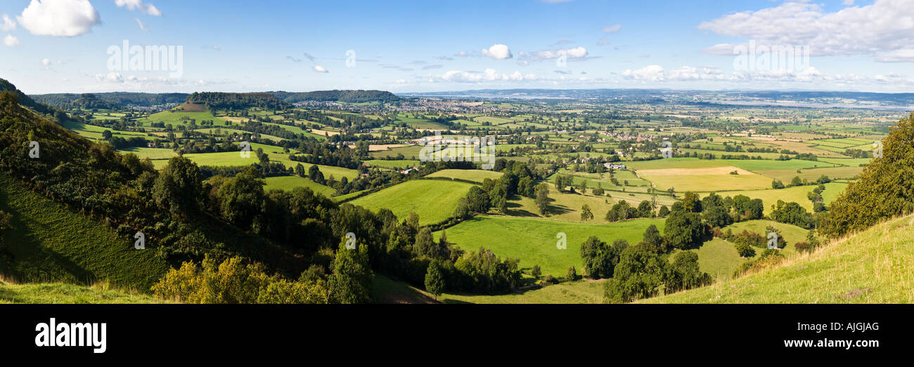 A panoramic view of the Severn Vale viewed from the Cotswold scarp at Coaley Peak Picnic Site, Gloucestershire Stock Photo
