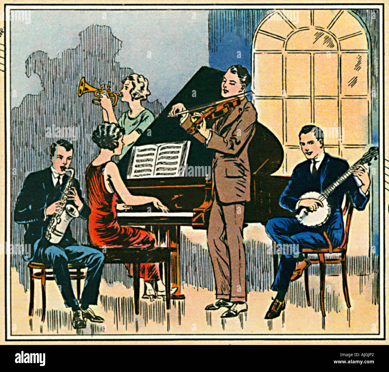 Jazz at Home, 1924, Illustration from an American magazine of modern music making in the 1920s Stock Photo