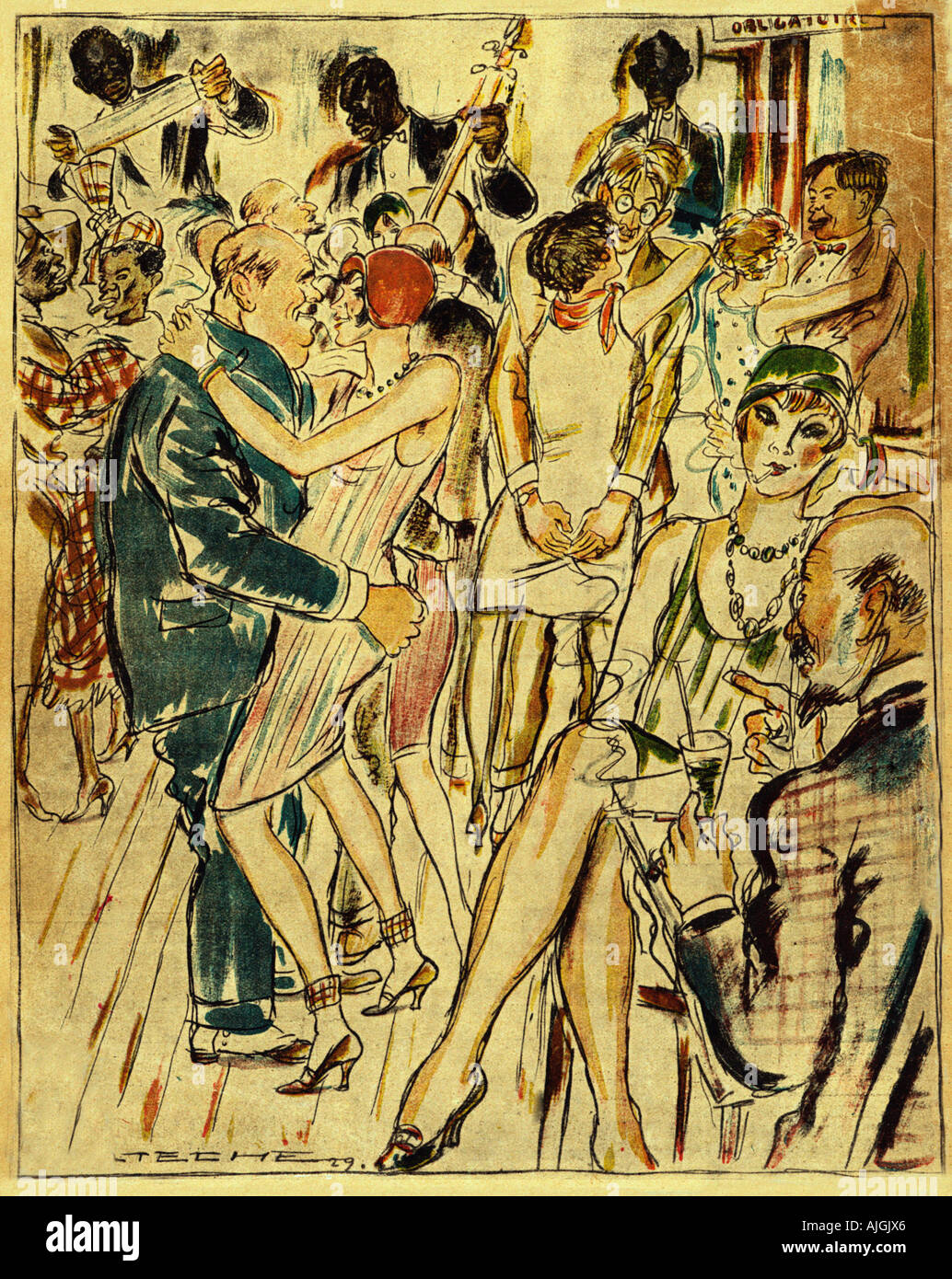 Paris Night Club, 1929 French drawing of a wonderfully seedy joint with all sorts on and off the dance floor Stock Photo