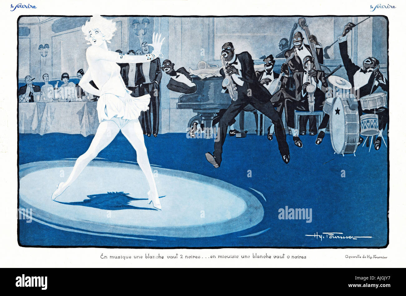 En Musique 1920s French Illustration En musique une blanche vaut 2 noires en miouisic une blanche vaut 0 noires Stock Photo