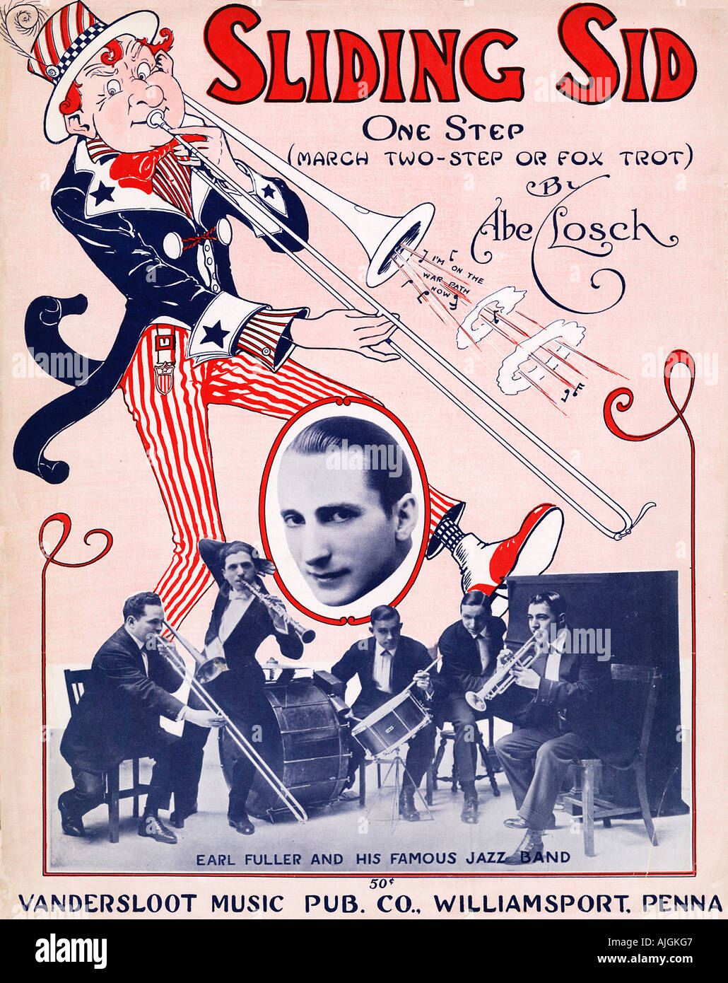 Sliding Sid, 1918 music sheet cover featuring Earl Fuller and his band for the One Step dance music Stock Photo