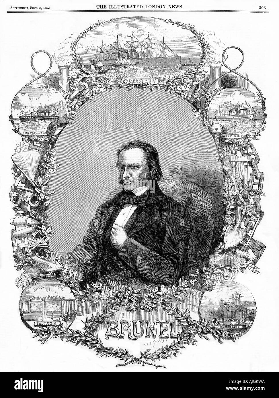 Brunel Obituary 1859 , portrait of the legendary engineer surrounded by illustrations of his greatest achievements Stock Photo