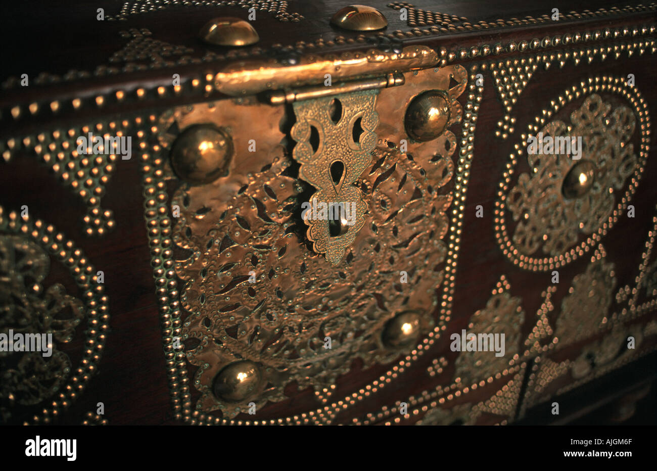 Ornate chest with brass filigree decoration Arab decor can be found in all the opulent hotels in