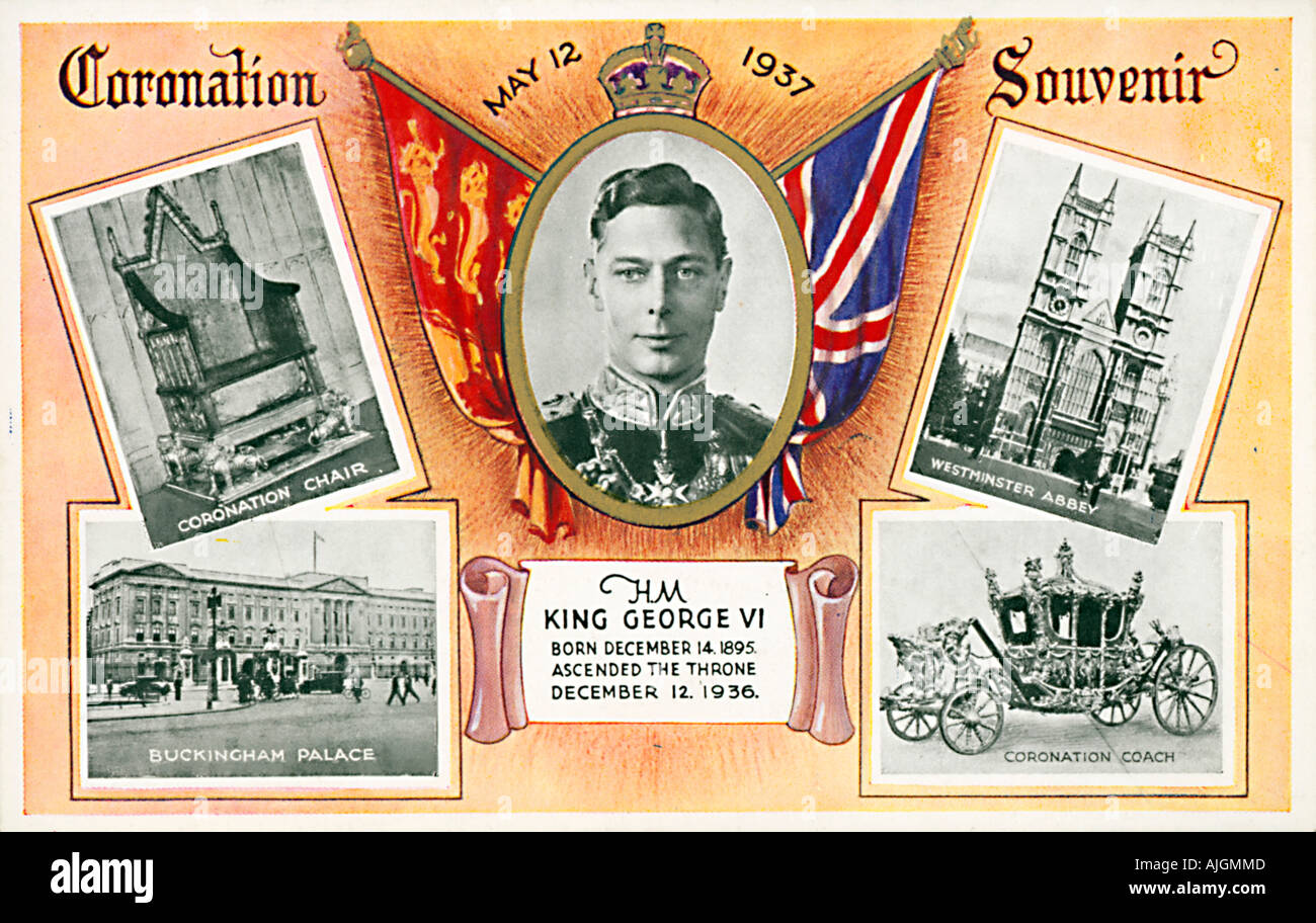 1937 Coronation postcard to celebrate the crowning of King George VI with Westminster Abbey and the Coronation Chair and coach Stock Photo