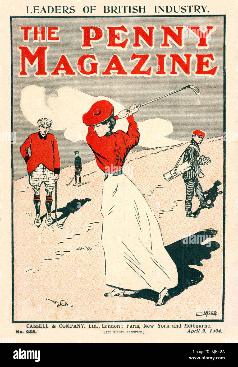 Penny Magazine Golf, An Edwardian popular magazine cover with a lady golfer under the watchful gaze of partner and caddie Stock Photo