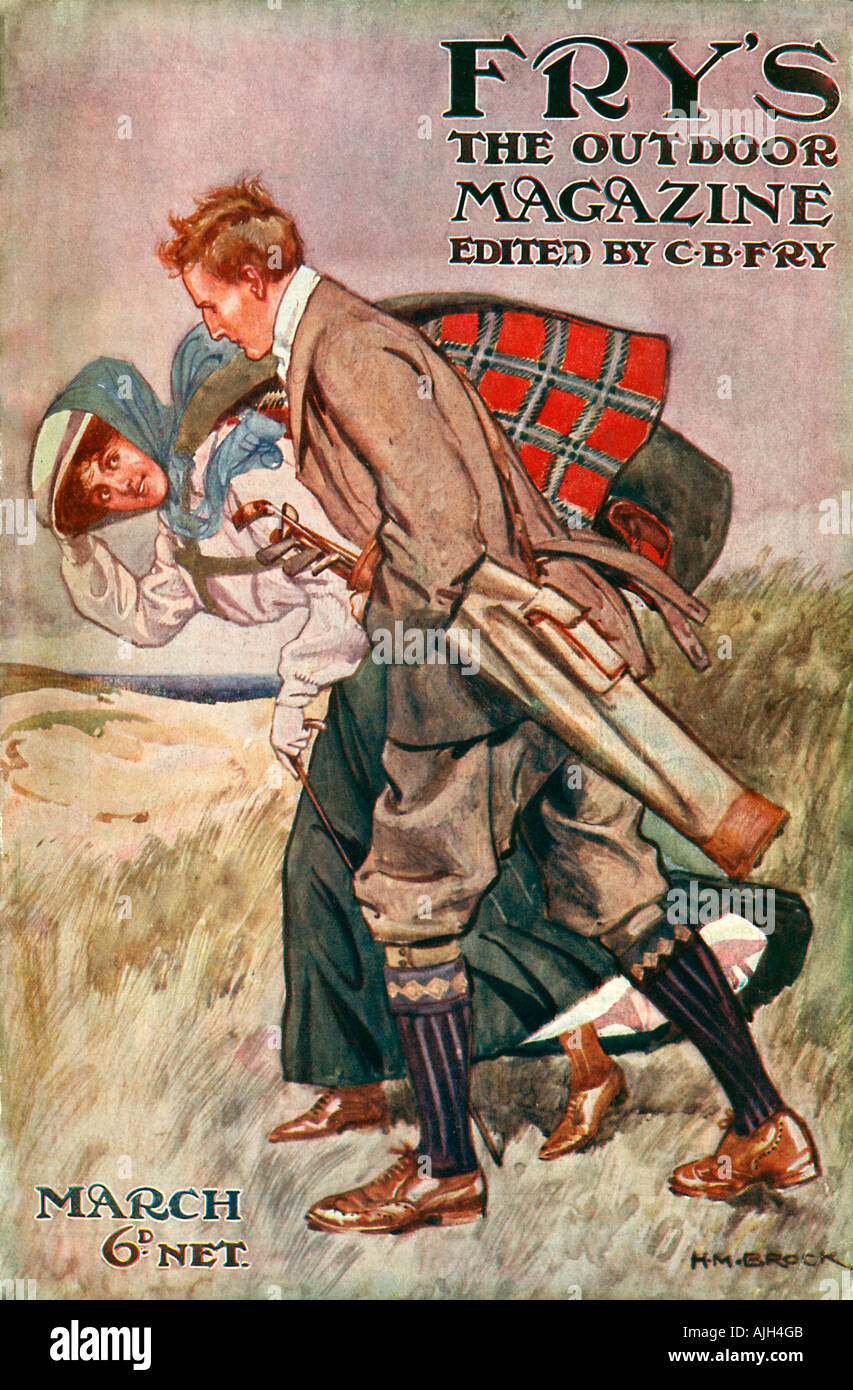 Golf, Frys Magazine, 1907, The Edwardian sports magazine cover shows a golfer on the windy links with his lady friend Stock Photo