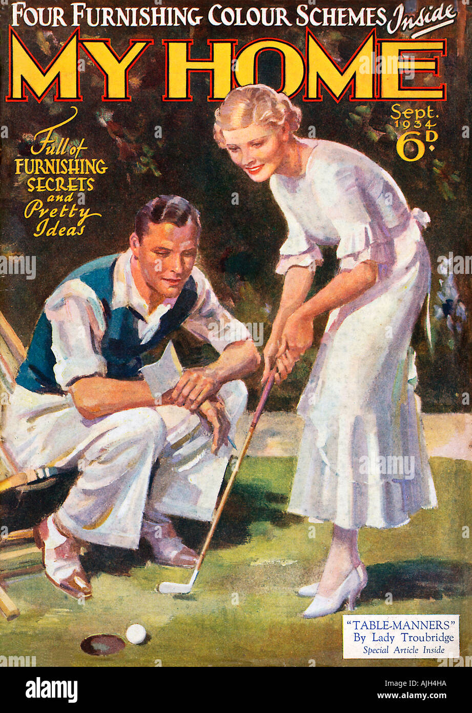 My Home, Golf, 1931 cover of the English home and lifestyle magazine for the new suburban middle class, putting in the garden Stock Photo
