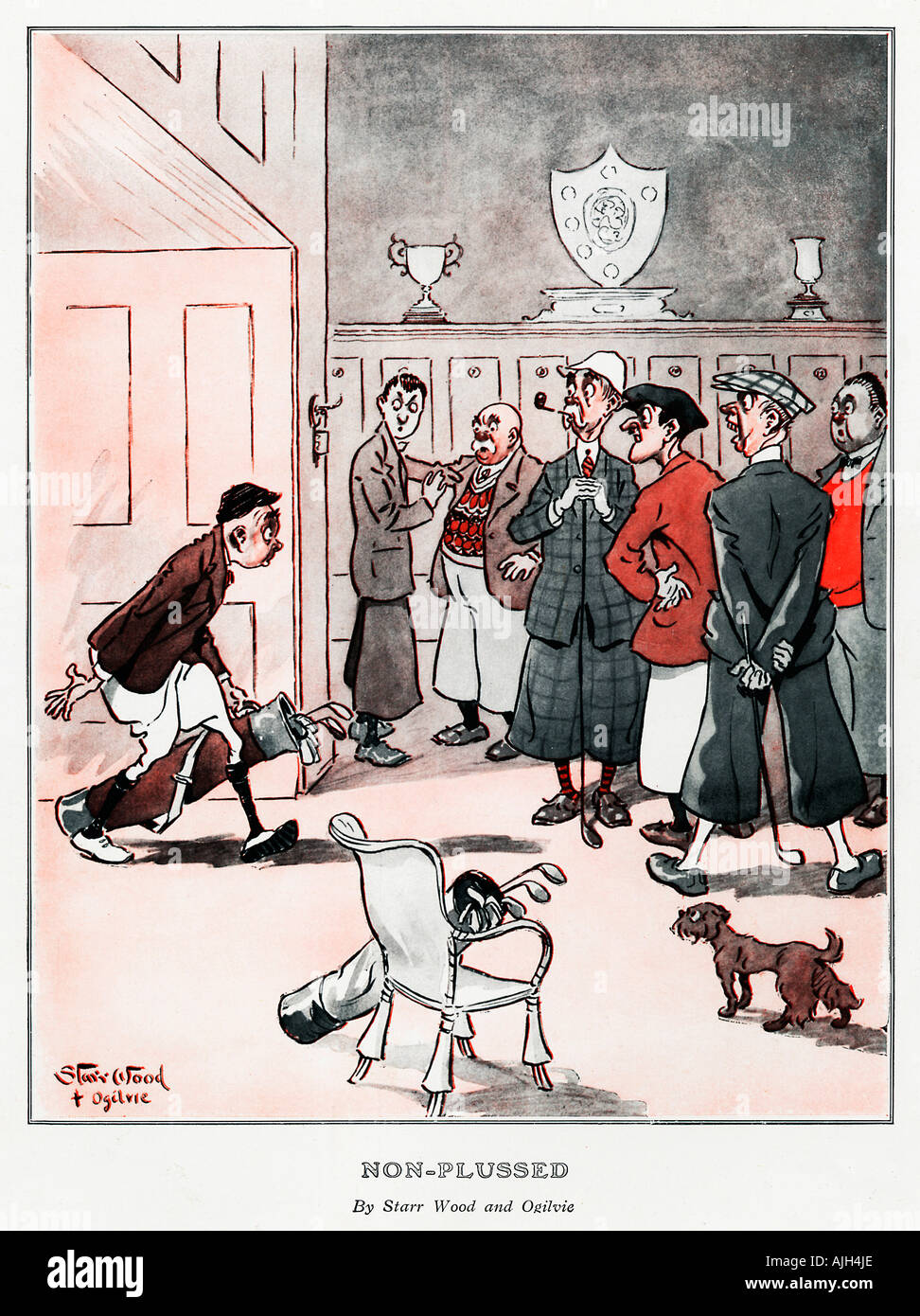Non Plussed 1920s cartoon of a golf club fashion faux pas with the wrong plus fours Stock Photo