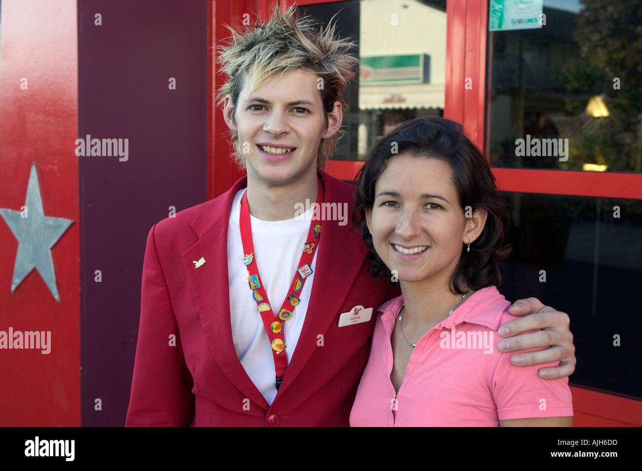 Butlins Redcoat Johnny with guest at Butlins holiday camp in Skegness Lincolnshire north England United Kingdom Europe Stock Photo