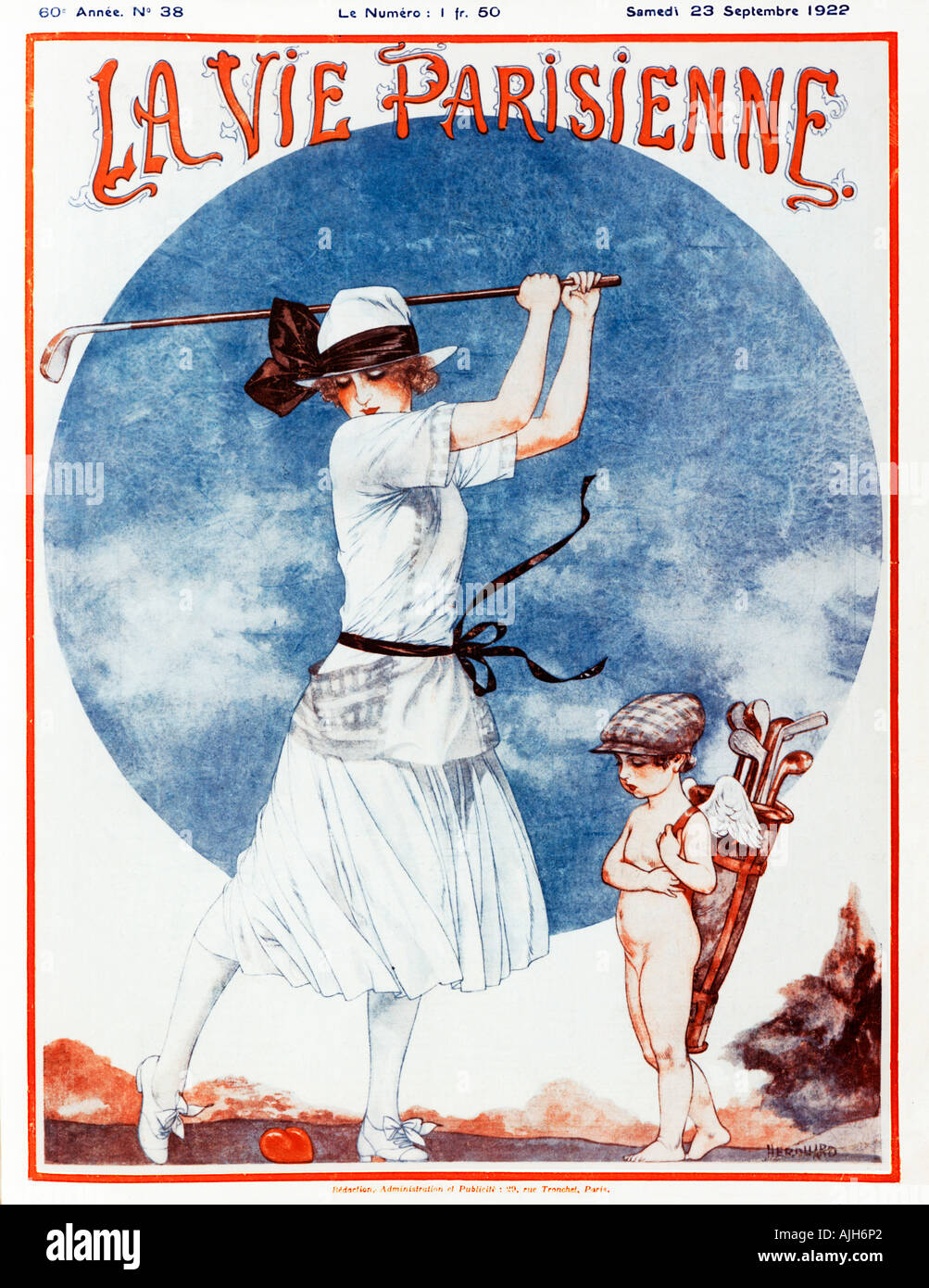 Cupid On The Golf Course 1922 French magazine cover of a lady swinging at a heart Stock Photo