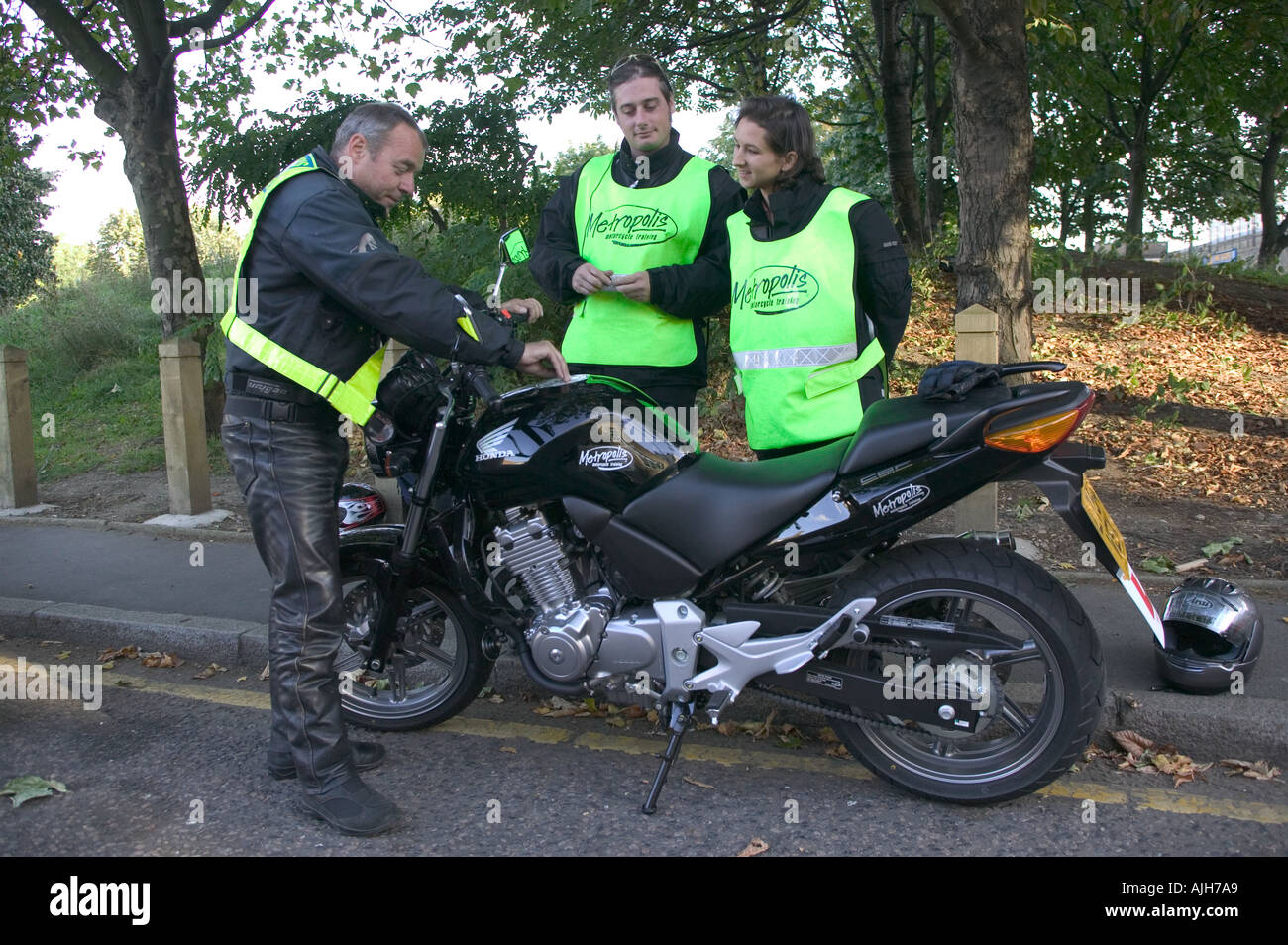 Motorbike learners take lessons at Metropolis bike training school Vauxhall south London England United Kingdom Stock Photo