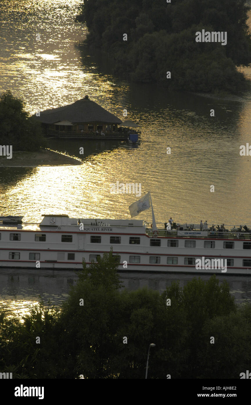 Beograd, river Save meets river Danube, tourist ship Stock Photo