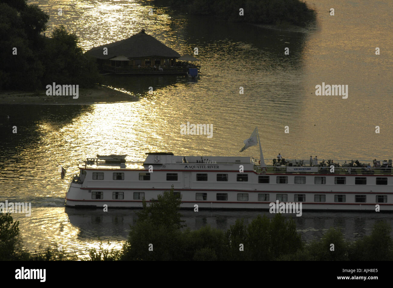 Beograd, river Save meets river Danube, tourist ship Stock Photo
