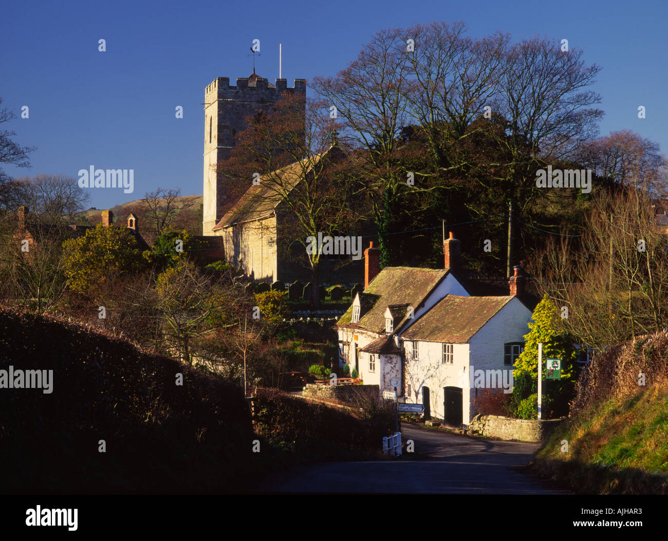 village pub & parish church at cardington, stretton hills, shropshire, england, uk Stock Photo