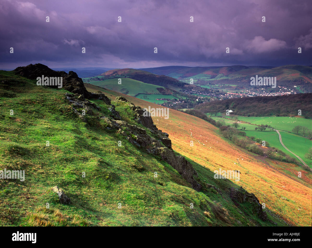 Hope Bowdler Hill & the Long Mynd under a spring storm in the Stretton